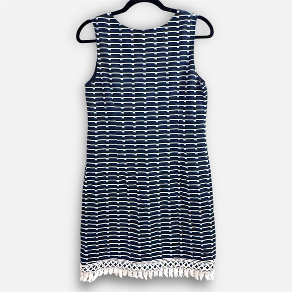 Sara Campbell Navy Stripe Shift Dress Tassel Fringe Hem Fully Lined Stretch M - Picture 13 of 13